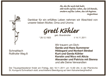 Traueranzeige von Gretl Köhler von Pegnitz-Zeitung